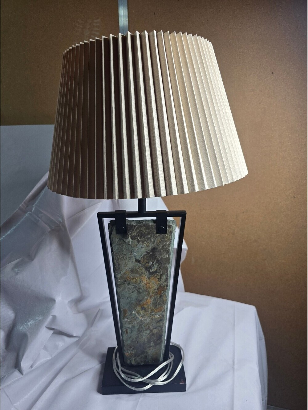 Vintage Stone Table Lamp with Pleated Beige Shade - 3-Way Lighting, 30.5" H